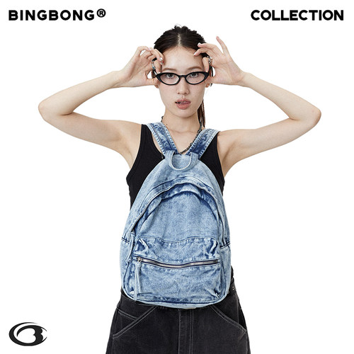 BINGBONG|原创 奇拉美 洗水牛仔蓝背包辣妹帆布双肩包小书包