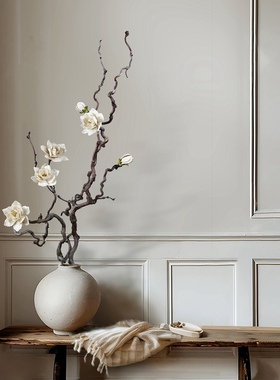 栀子花禅意插花干枝造型落地天然干树枝装饰干支花束艺术龙枣干枝