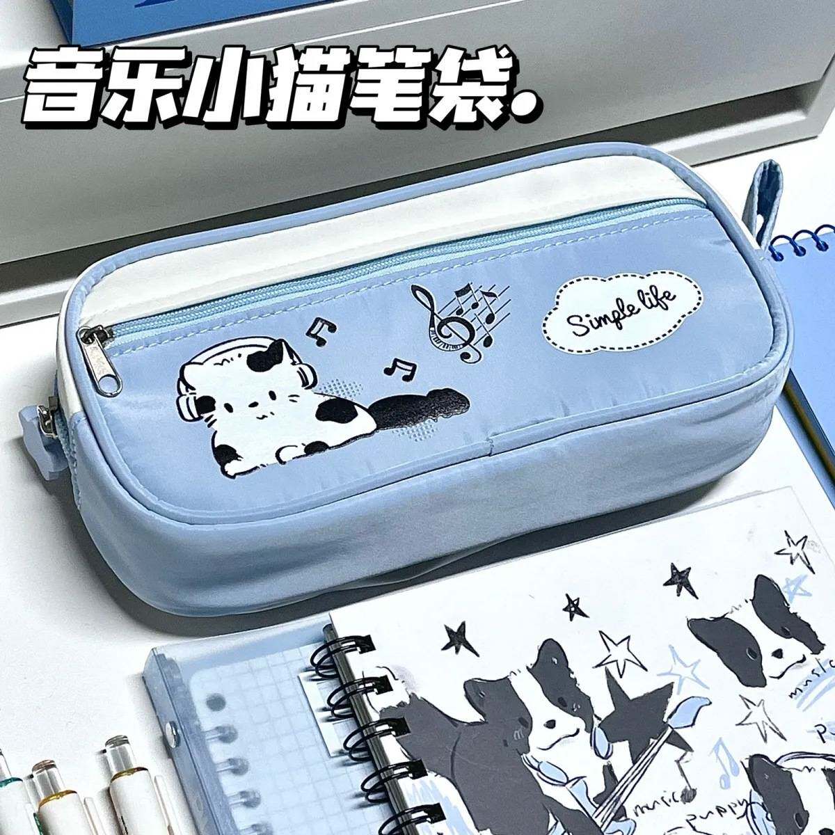 音乐小猫笔袋宽敞容量多隔层高颜质感俏可爱卡通桌面学生文具袋图片