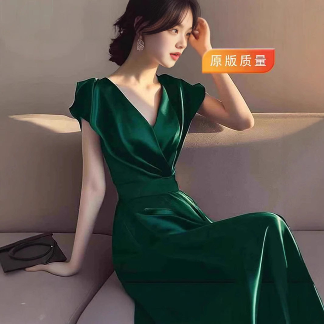 FL240362正式场合高级感长裙赫本风名媛显瘦黑色短袖连衣裙子女夏