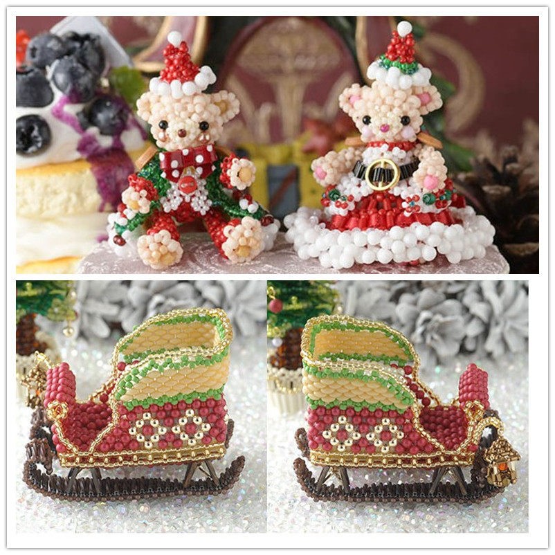 DIY手工串珠代配进口米珠材料包手脚可动圣诞熊情侣/雪橇车走线