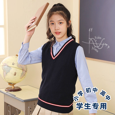 儿童马甲外穿洋气小学生校服针织V领坎肩男女童春秋鸡心领棉背心