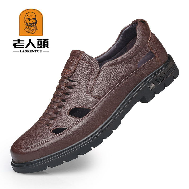 Old head summer mens leather casual sandals middle-aged and elderly dad mens breathable hollow leather shoes 205