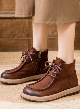 鞋掌柜2025秋冬新款平底舒适头层磨砂牛皮系带复古大头圆头女靴