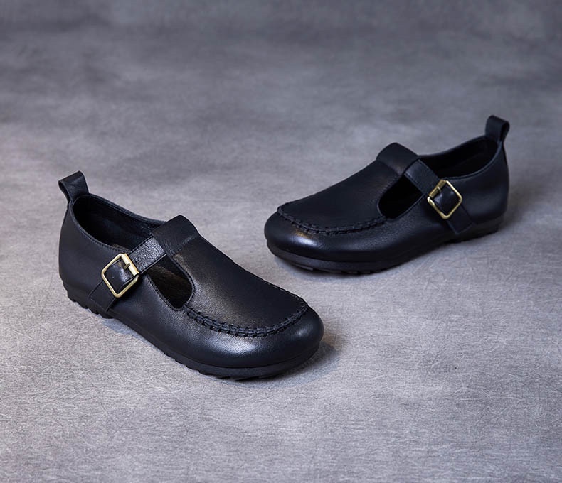 鞋气质掌柜头层牛皮春款玛丽珍套脚粘扣平底牛筋软底软面脚蹬女鞋