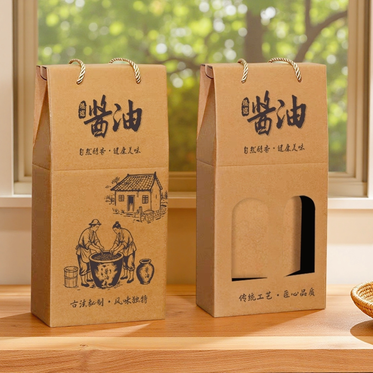 现货彩印高档开窗手提瓦楞纸酱油醋包装纸盒牛皮醋礼盒空盒子现货