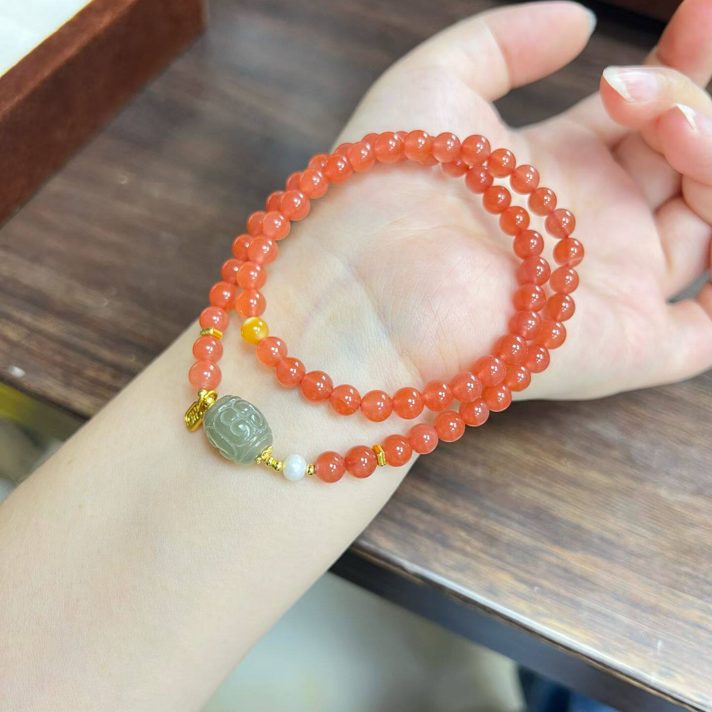 南红双层手串配蜜蜡珍珠和田玉路路通搭配女款小众简约玉石手链