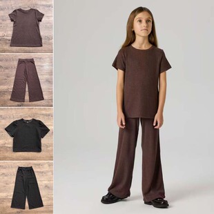 出口丹麦女童春夏短袖T恤衫外贸原单中大童阔腿裤长裤子可配套装