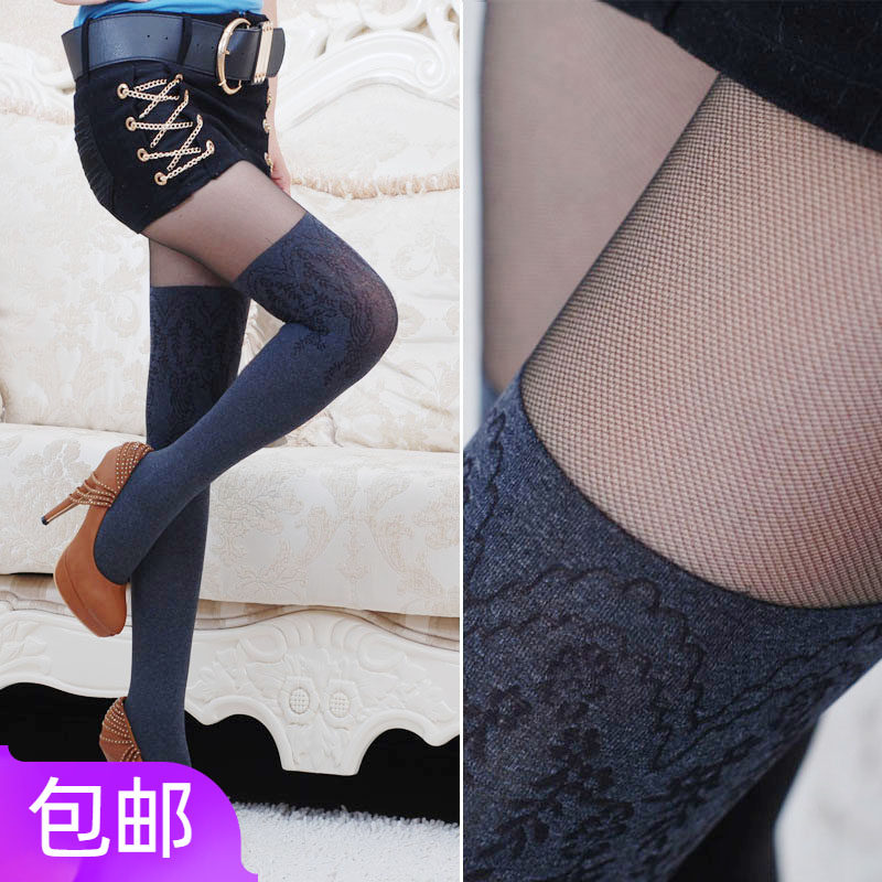 Manzi新品 双色提花性感连裤袜子 上丝下天鹅绒美腿丝袜 女款
