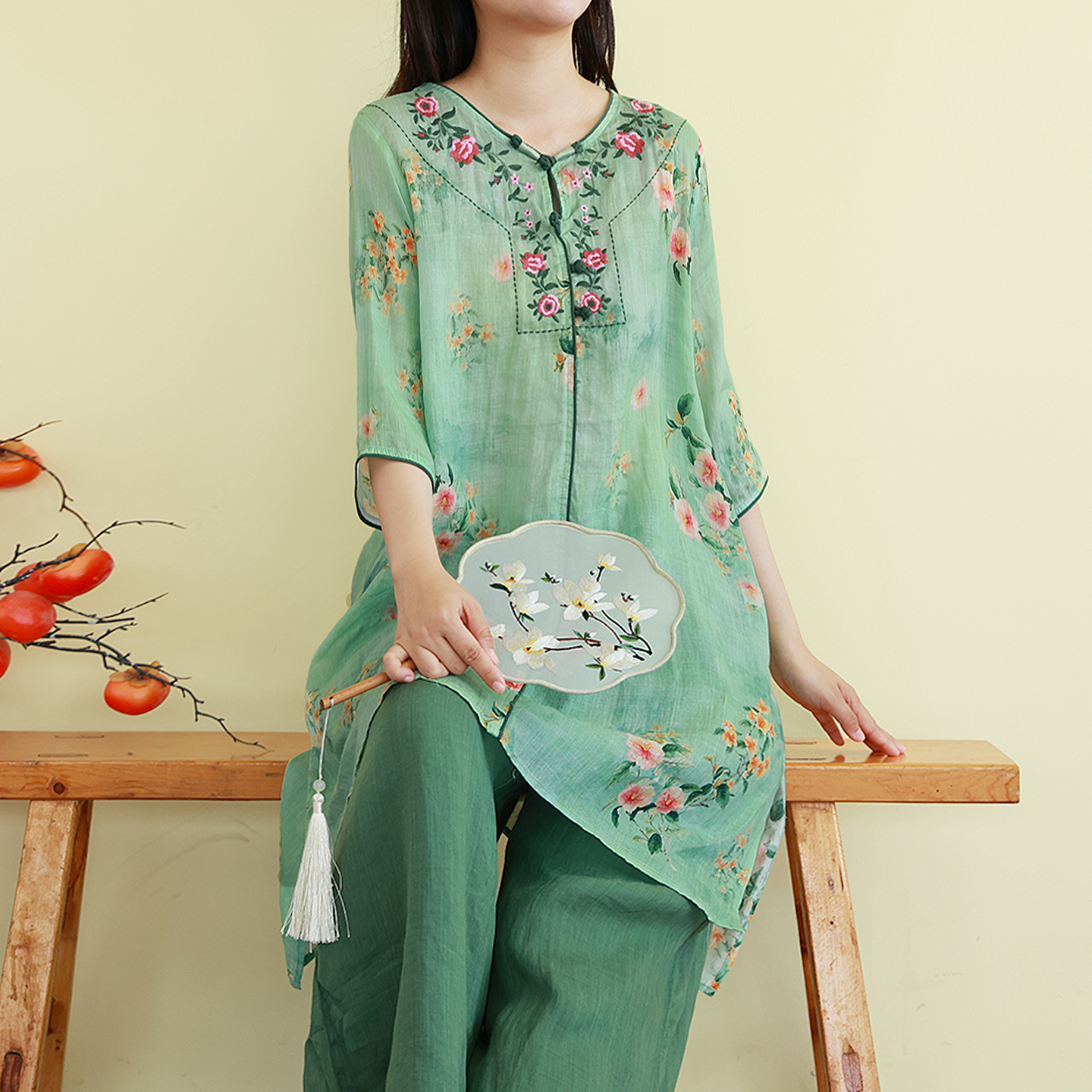 新中式国风圆领刺绣纯苎麻衬衫