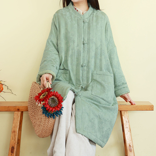 复古新中式立领棉衣女冬夹棉中长款宽松国风棉服盘扣加厚外套茶服