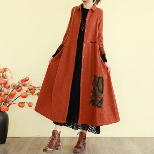 复古文艺加绒棉衣外套女士秋冬季 加厚风衣宽松提花刺绣棉袄子 长款