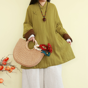 复古民族风夹棉衣外套女冬季 加厚保暖棉服宽松盘扣茶服上衣 中长款