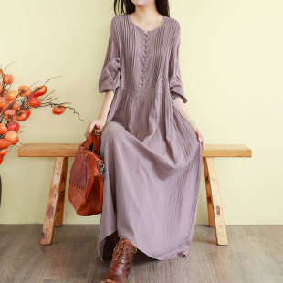 复古文艺连衣裙春秋季长款过膝纯色气质长裙子宽松长袖打底裙森系