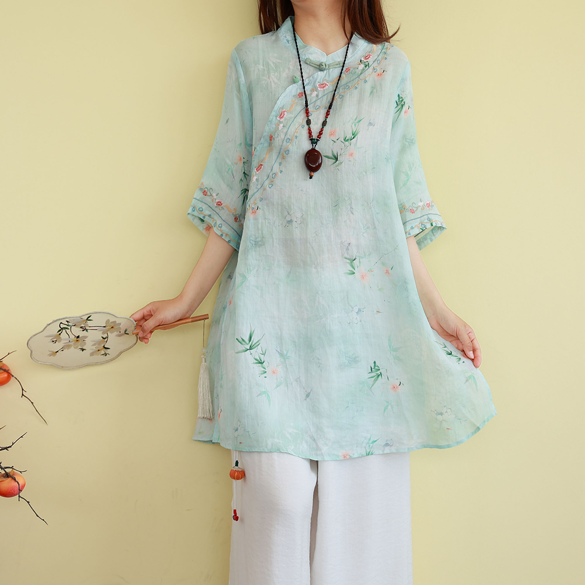 夏季新中式苎麻立领刺绣茶服上衣