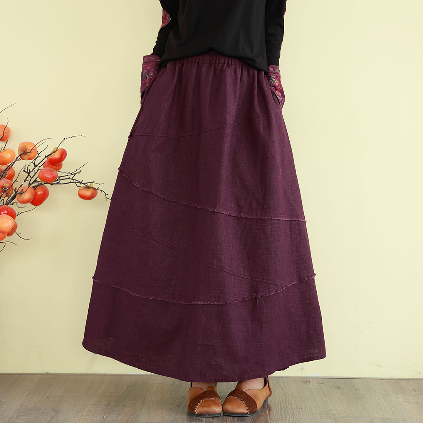 复古文艺半身裙亚麻女系带宽松