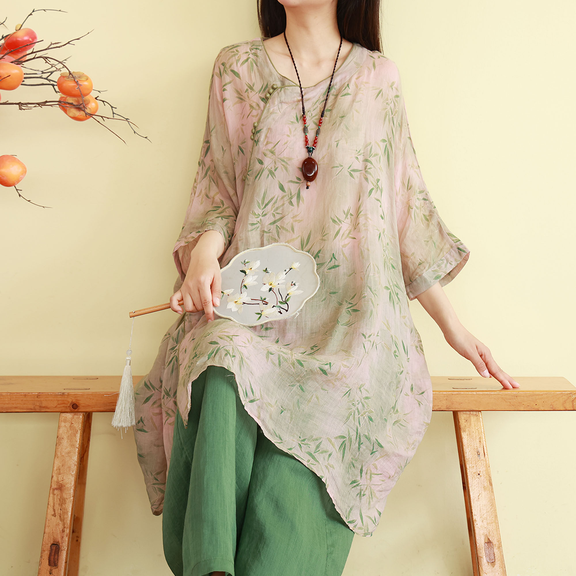 复古新中式苎麻衬衫女夏季中长款大板印花禅意茶服宽松蝙蝠袖上衣
