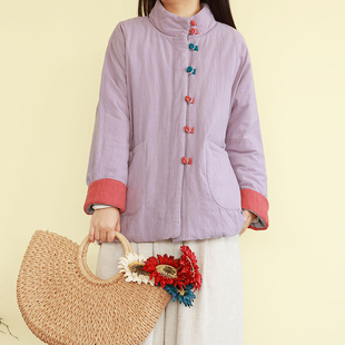 上衣 新宽松加厚棉衣外套长袖 复古新中式 亚麻棉立领盘扣棉服女冬季