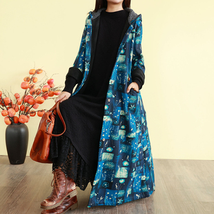 加绒加厚保暖棉服宽松袄子大衣 长款 复古文艺印花棉衣外套女装 冬季