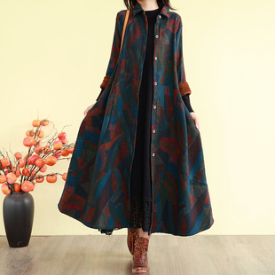 加厚保暖棉服宽松袄子大衣 款 复古文艺印花棉衣外套女冬季 加绒长袖