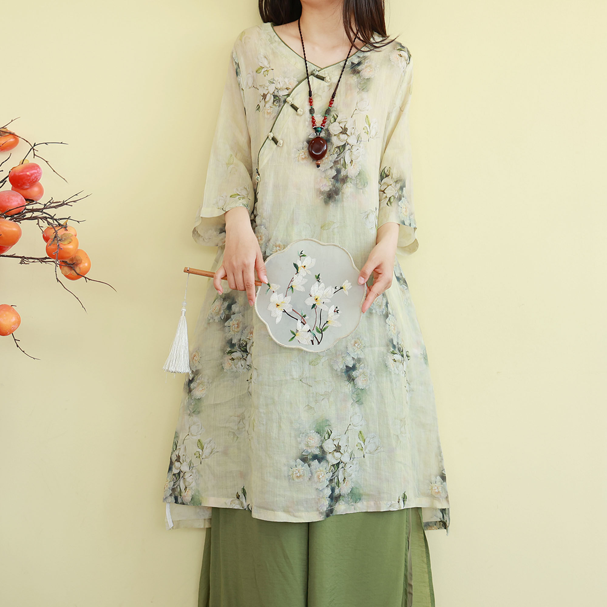 新中式苎麻V领盘扣禅意衬衫茶服