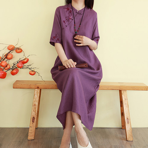 民国风细纯亚麻旗袍连衣裙刺绣长