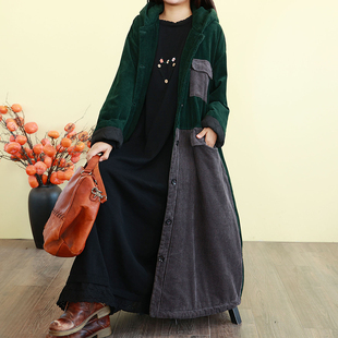 复古文艺加厚夹棉灯芯绒棉衣外套女冬季 宽松保暖棉袄 连帽棉服长款