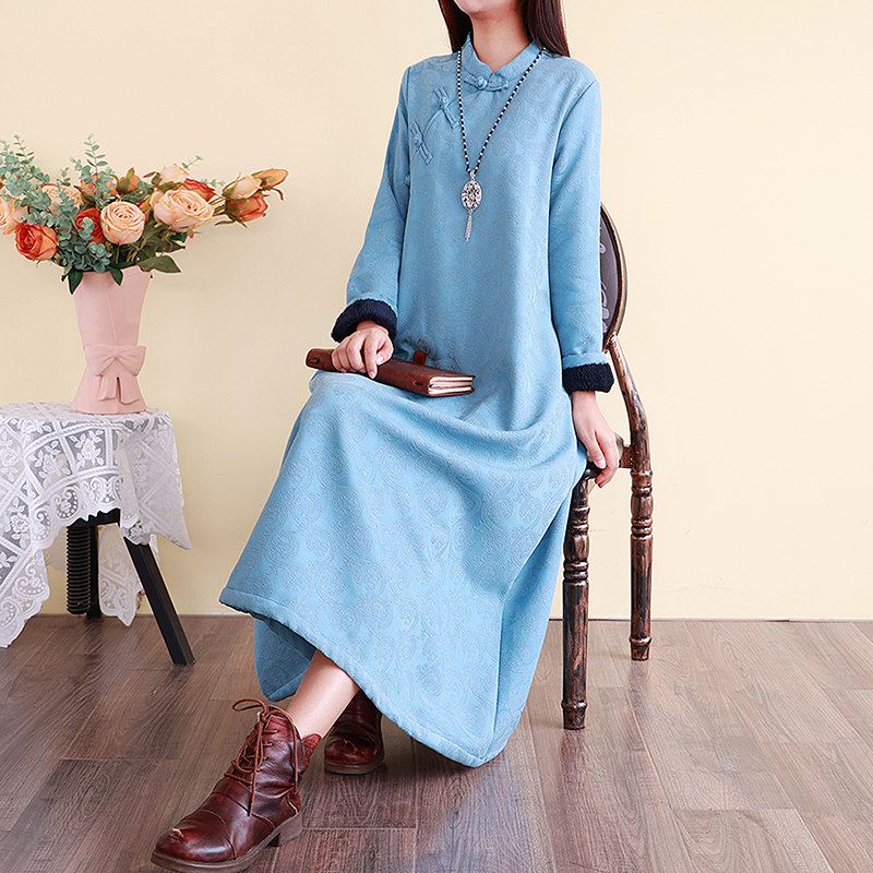 民族风改良旗袍裙亚麻刺绣加绒