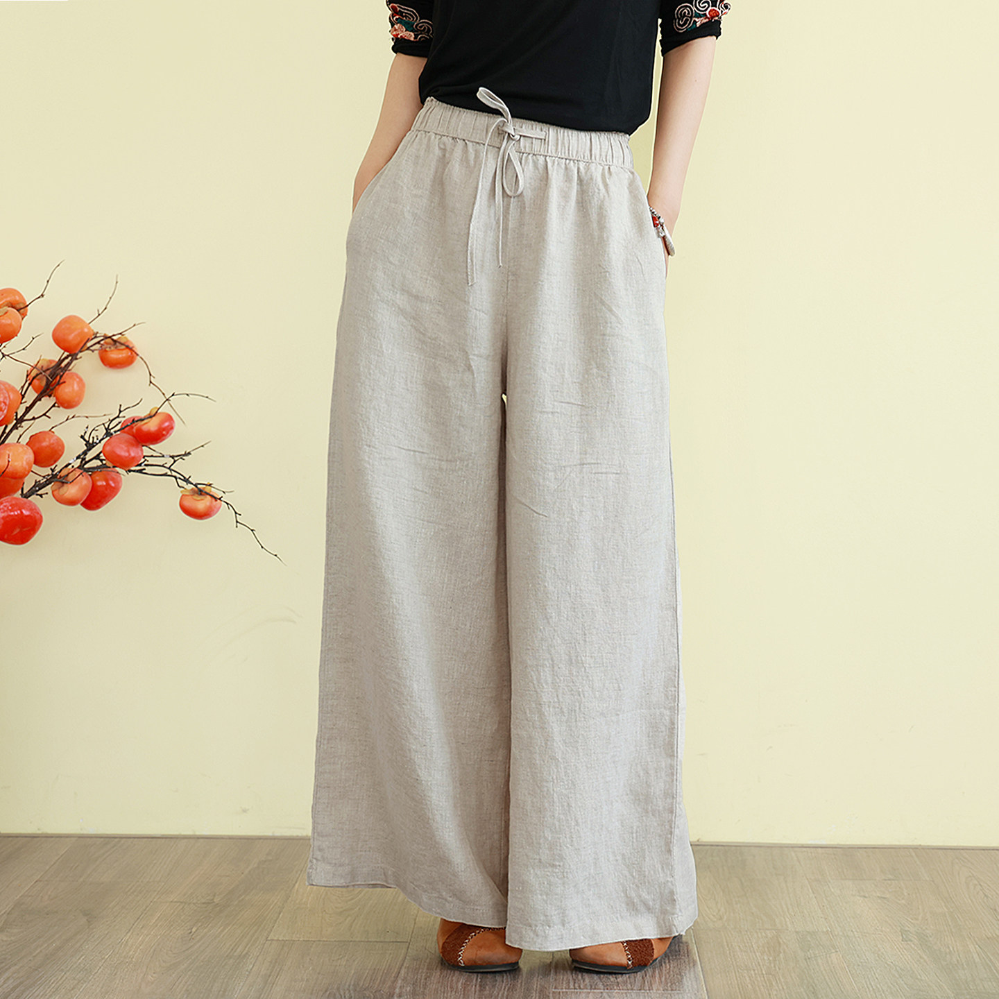 文艺休闲纯色亚麻阔腿裤女夏春款宽松时尚百搭松紧腰休闲裤长裤子,女装/女士精品,休闲裤,淘宝优惠券,粉丝福利购,淘宝优惠卷