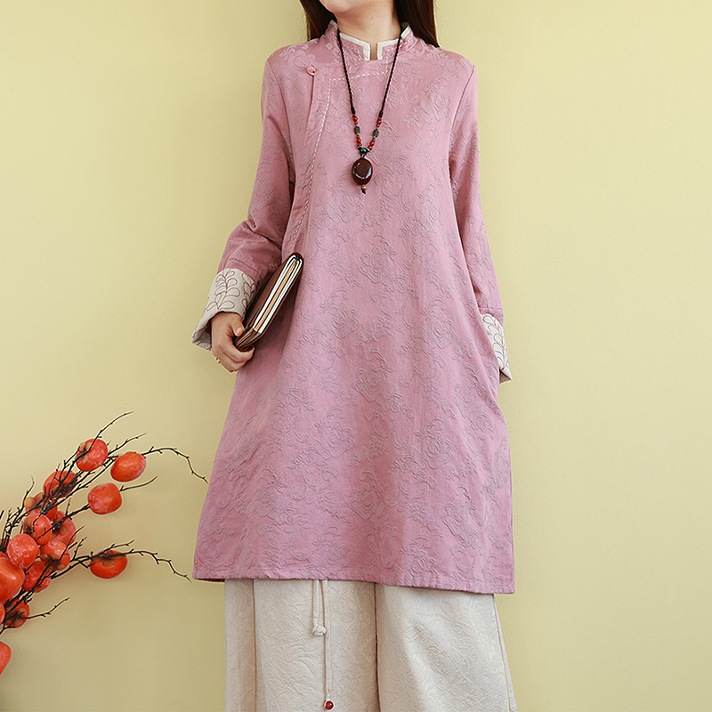 复古民国风亚麻棉提花刺绣衬衫女春季中长款立领上衣长袖宽松茶服,女装/女士精品,衬衫,淘宝优惠券,粉丝福利购,淘宝优惠卷