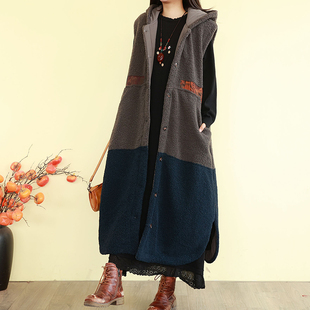 背心宽松外穿连帽马夹坎肩 长款 复古文艺加厚夹棉马甲外套女装 冬季