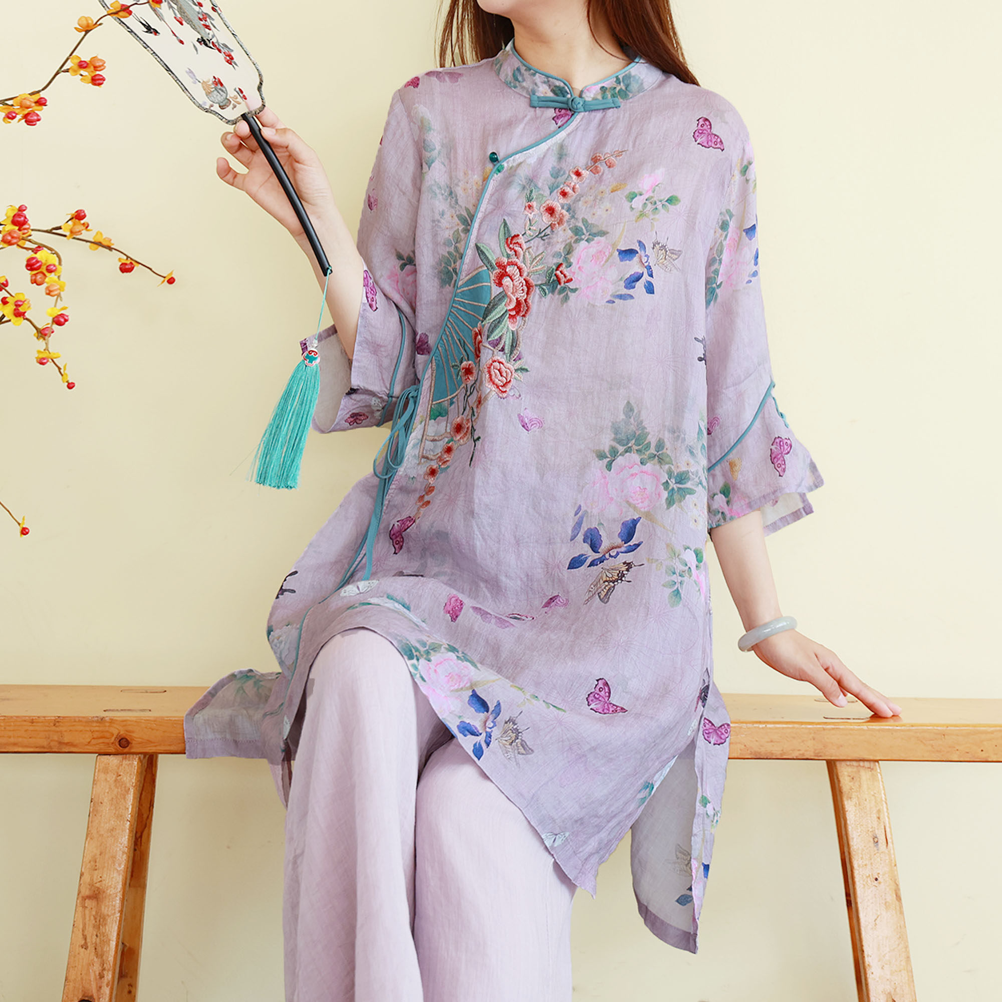 新中式苎麻刺绣立领女夏茶服衬衫
