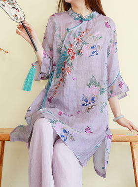 新中式苎麻刺绣立领女夏茶服衬衫