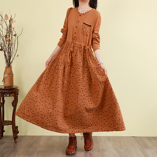 文艺棉麻连衣裙春季长款过膝拼接碎花气质长裙子宽松长袖麻料系带