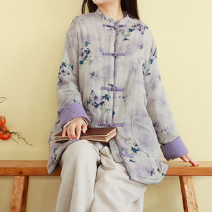 复古民族风印花棉衣女冬季盘扣中长款加厚保暖宽松棉服外套棉袄子