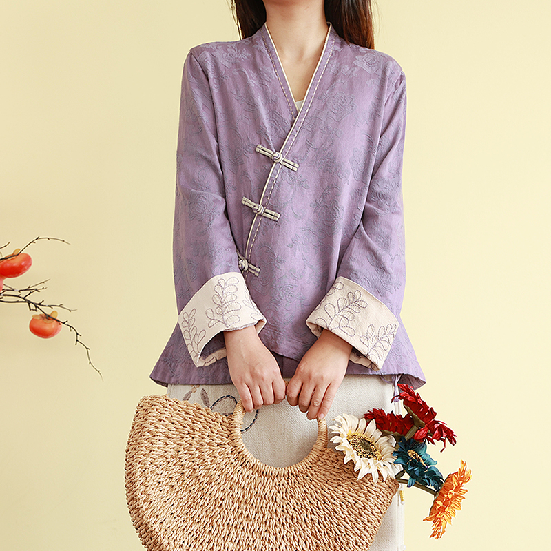复古民国风亚麻棉盘扣外套女斜襟春季提花刺绣系带宽松新中式上衣
