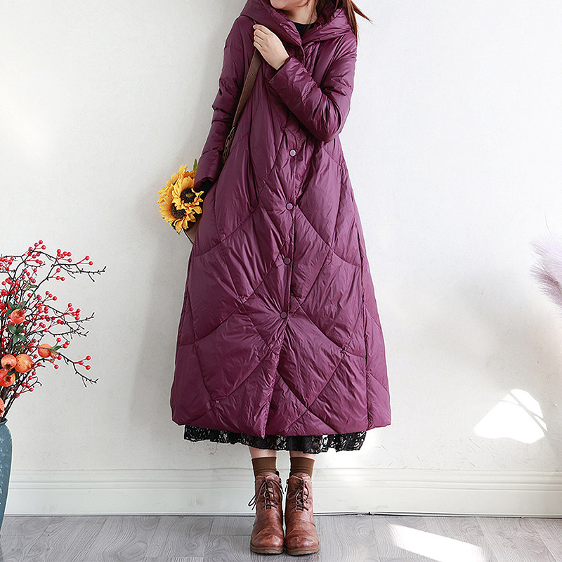 复古文艺连帽白鸭绒羽绒服冬季长款过膝加厚保暖羽绒外套纯色宽松,女装/女士精品,羽绒服,淘宝优惠券,粉丝福利购,淘宝优惠卷