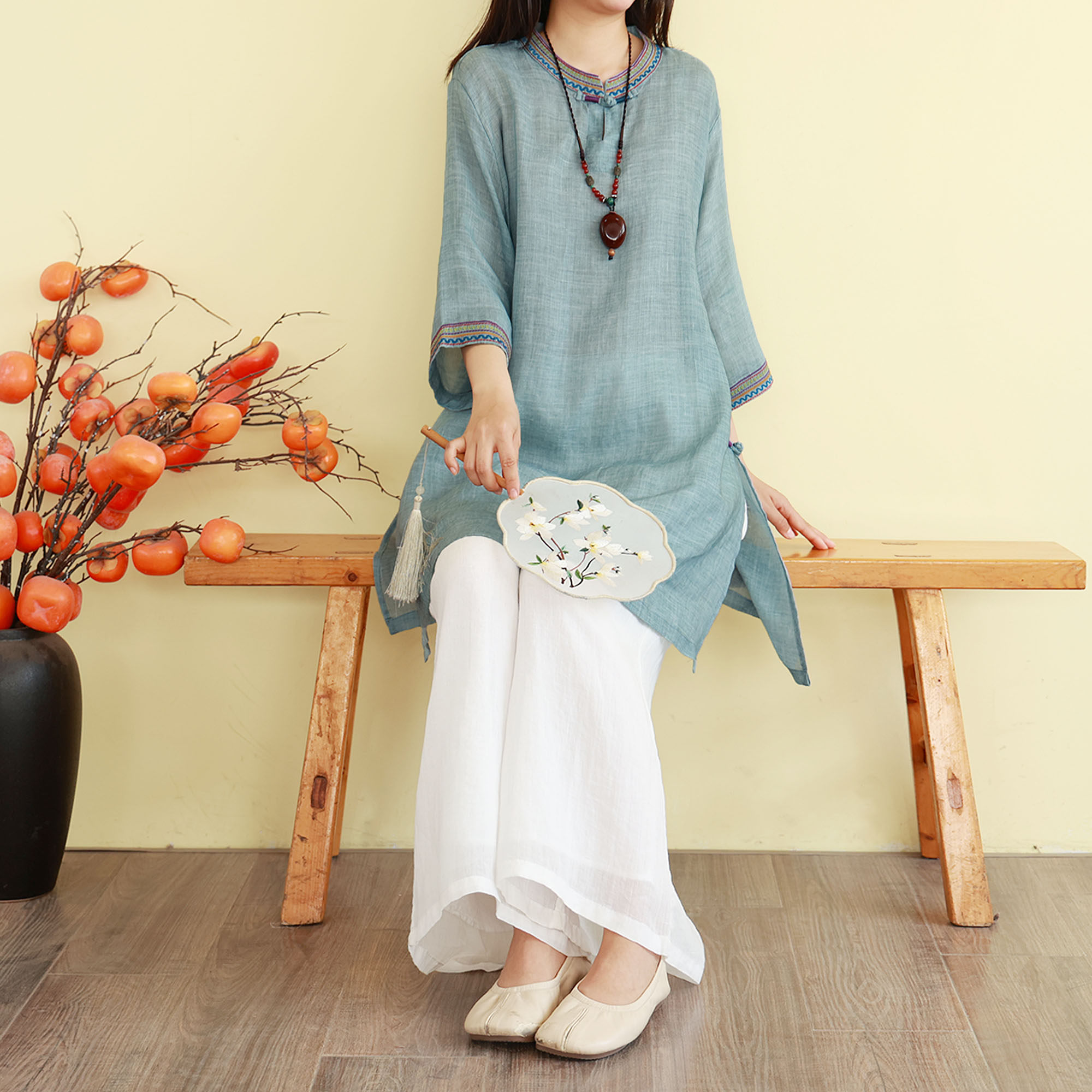 夏季中国风苎麻刺绣茶服套装女