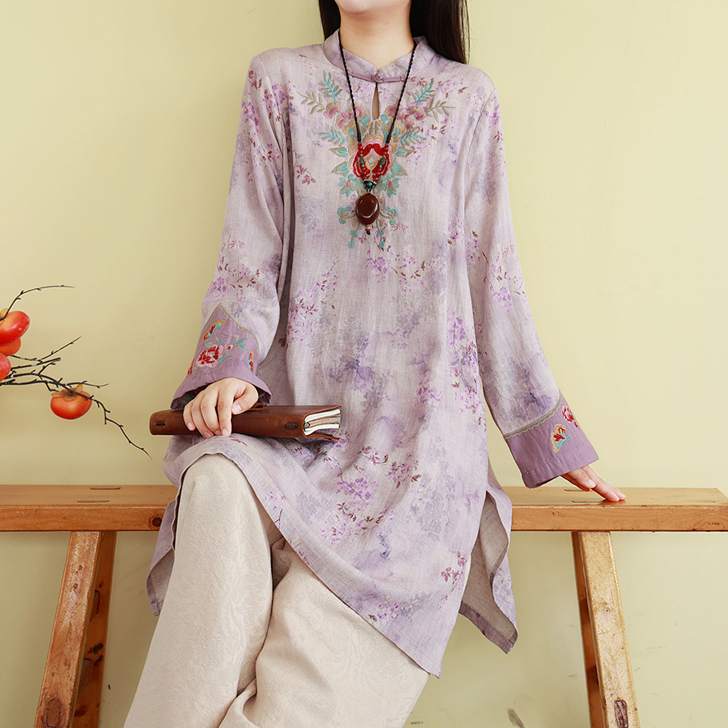 复古中国风亚麻衬衫女秋季中长款