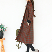 复古文艺格子棉麻风衣外套女秋冬季加绒中长款亚麻厚衬衫宽松森系