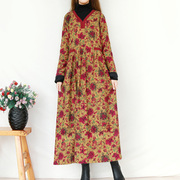 复古文艺碎花连衣裙女冬季长袖加绒加厚V领长裙宽松民族风冬裙子