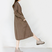 复古文艺毛衣外套女秋装针织开衫长袖中长款外搭纯色连帽宽松上衣