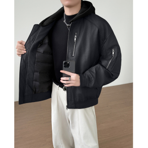 可脱卸帽PU皮羽绒服男装加厚棒球领外套YR803-P260，男装羽绒服，电商D236-1（原A051-1）