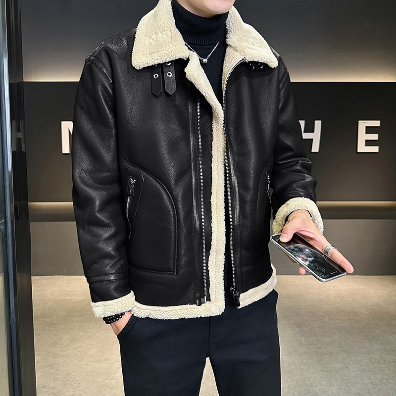 皮毛一体外套男冬季加绒加厚棉衣男士机车皮夹克棉服9233-P210,男装夹克,电商D236-1（原A051-1）