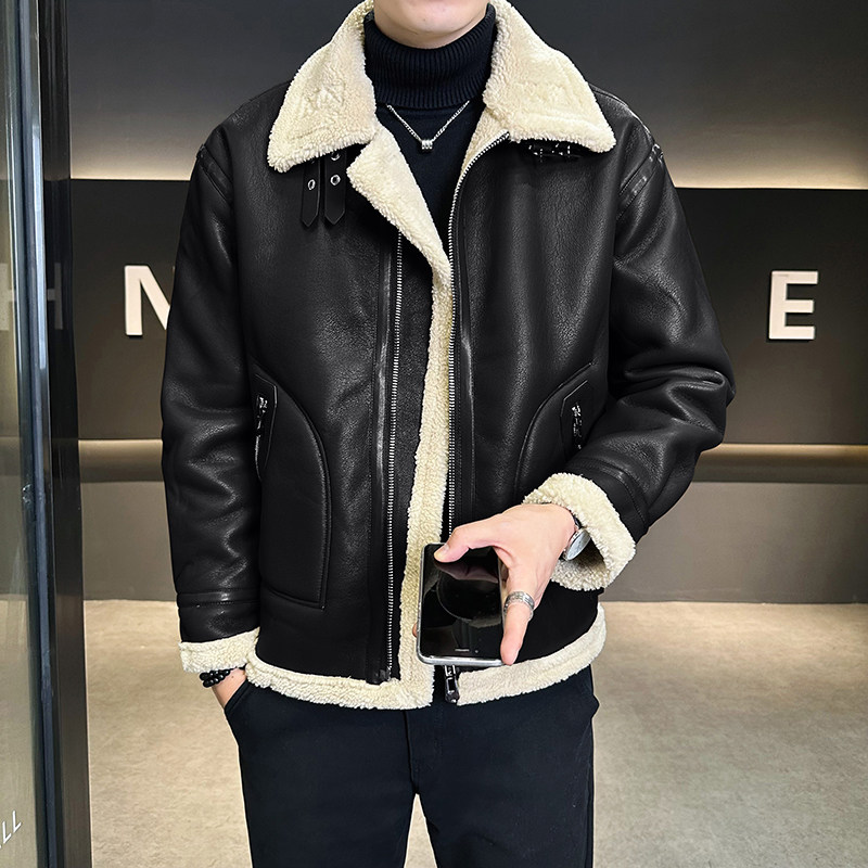 皮毛一体外套男冬季加绒加厚棉衣男士机车皮夹克棉服9233-P210,男装夹克,电商D236-1（原A051-1）