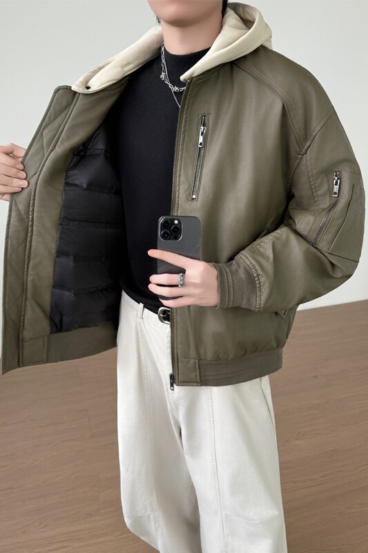可脱卸帽PU皮羽绒服男装加厚棒球领外套YR803-P260,男装羽绒服,电商D236-1（原A051-1）
