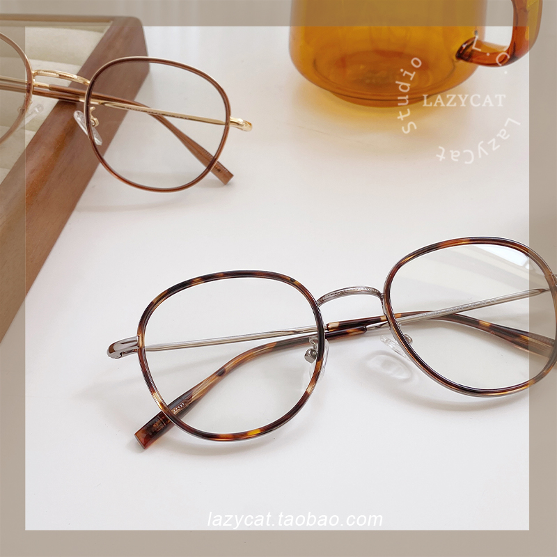 50mm复古玳瑁圆眼镜框女方圆脸天菜可配高度数近视金属镜架日系潮