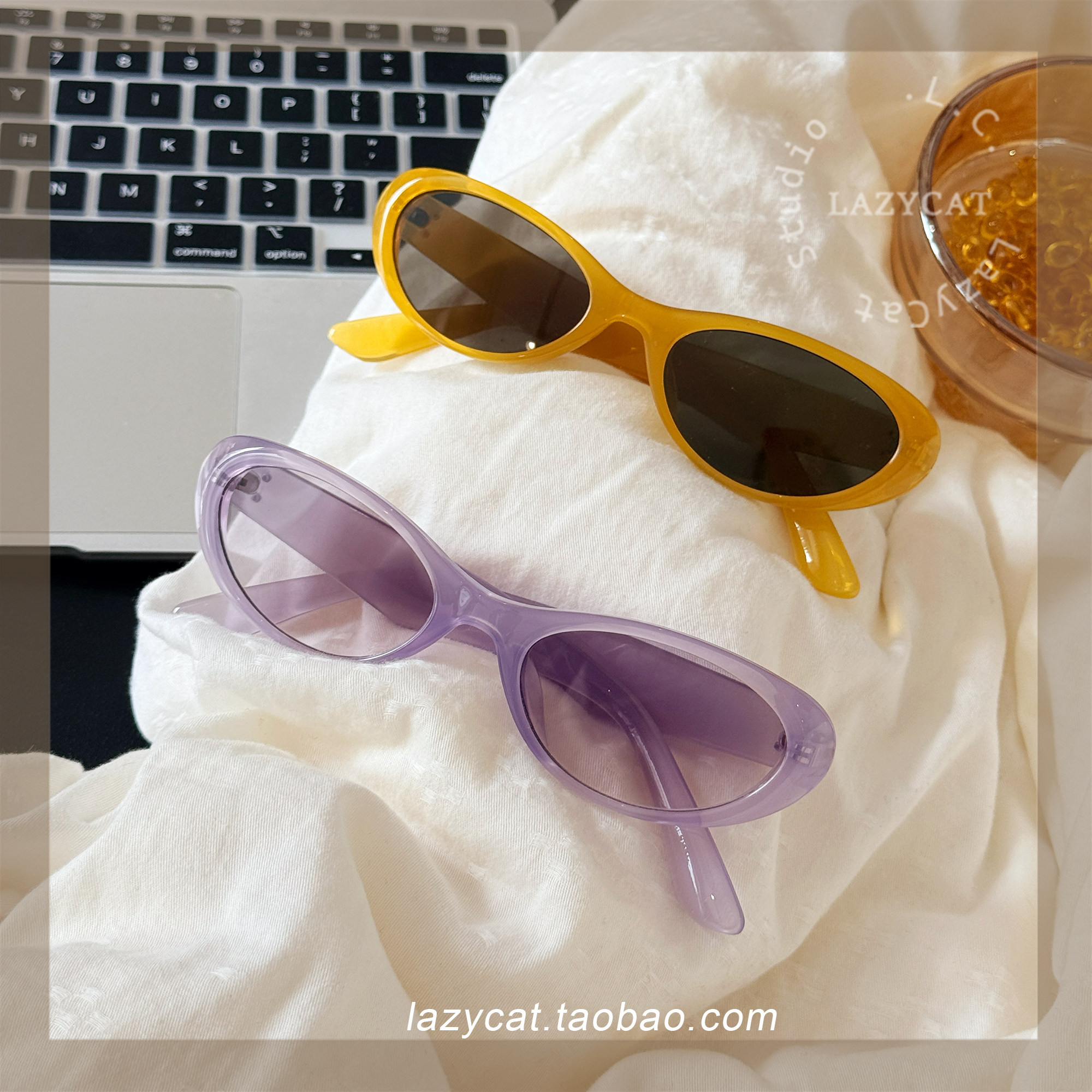 54mm果冻紫藤色墨镜女潮椭圆形Y2K辣妹猫眼多巴胺太阳眼镜男防晒