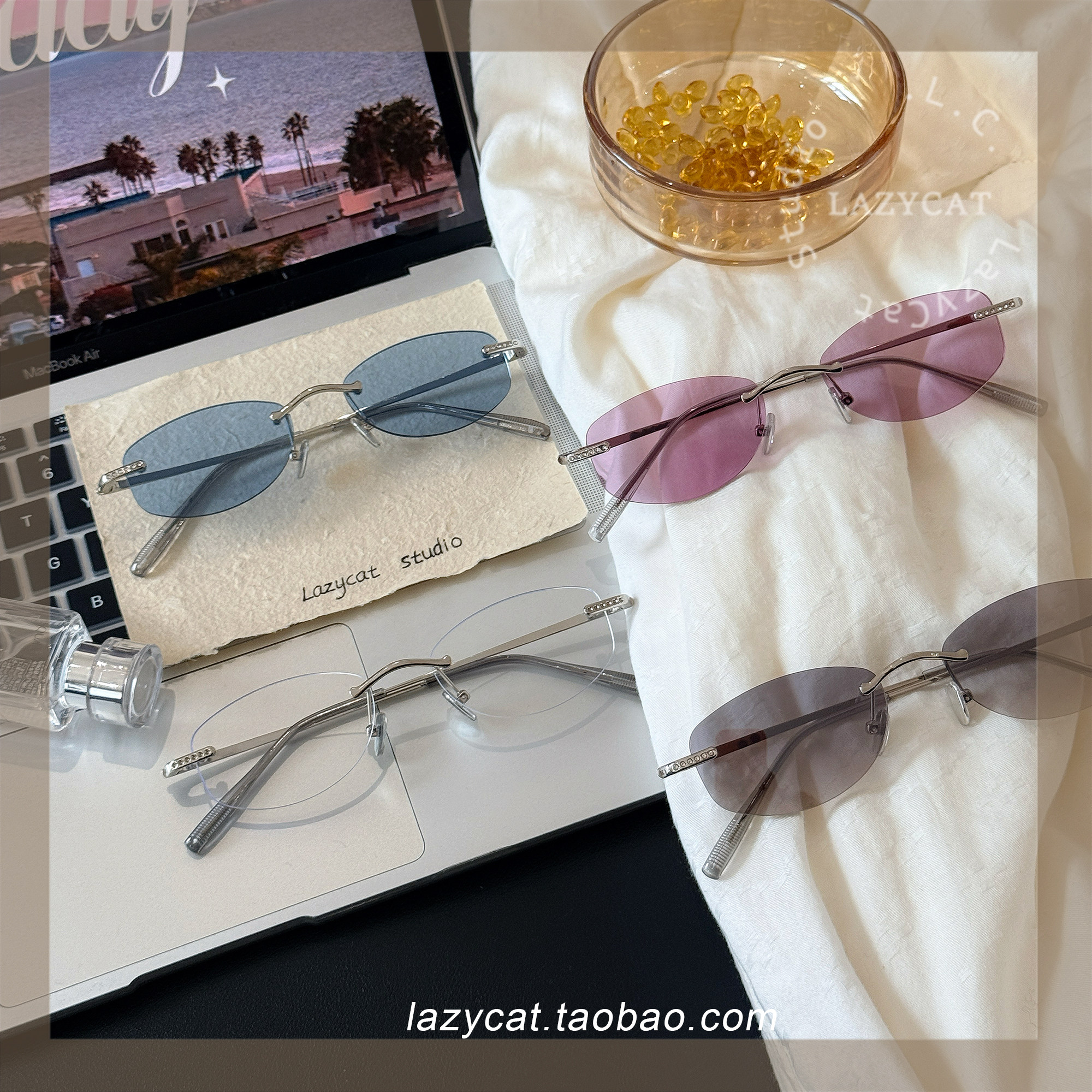 52mm镶钻无框眼镜框纯欲风紫粉色新款蓝色无框太阳镜防紫外线墨镜