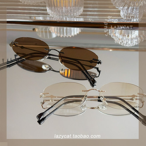 56mm复古无框椭圆金属墨镜个性女防紫外线太阳眼镜